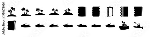 Black Beach Umbrella and Boat Silhouette Icons - Collection of black silhouette beach umbrellas, boats, and water activity icons with striped panels, useful for summer, seaside, and tourism design.