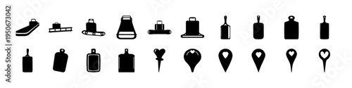 Black Bottle Container and Location Pin Icons - Collection of black silhouette icons including bottles, containers, location pins, and product shapes useful for packaging, maps, and interface design.