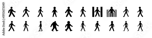 Stick Figure Walking and Barrier Icon Set - Black stick figure silhouettes showing walking people and barrier symbols, useful for pedestrian signs, access control, navigation, and public signage.