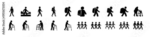 Stick Figure Activities and Crowd Silhouette Icons - Black stick figure silhouettes showing people walking, sitting, working, and groups of crowds, useful for public signage, population, and activity 