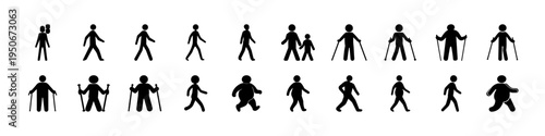 Stick Figure Human Posture and Body Pose Icons - Black stick figure silhouettes showing different human body postures and poses, representing movement, stance, and people symbols for signage or design