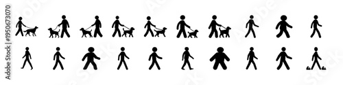 Stick Figure Walking with Dog Icon Set - Black stick figure silhouettes showing people walking dogs and pedestrians in different poses, useful for pet walking signs, parks, and navigation graphics.