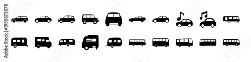 Black Car and Vehicle Silhouette Icon Set - Collection of black silhouette vehicle icons including cars, buses, vans, taxis, and transport vehicles useful for traffic, maps, and transportation design.