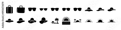 Black Travel Accessories and Hat Silhouette Icon Set - Collection of black silhouette icons featuring luggage, sunglasses, hats, birthday cake, and small objects useful for travel, fashion, and lifest