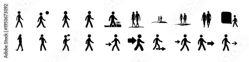 Stick Figure Activity and Movement Icon Set - Black stick figure silhouettes showing various human activities including walking, running, sports, accessibility, and daily actions for signage and inter
