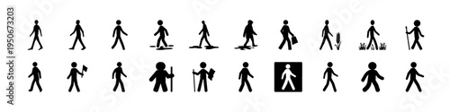 Stick Figure Human Activity and Movement Icons - Black stick figure icon set showing different human movements and daily activities including walking, standing, accessibility, and action poses for sig