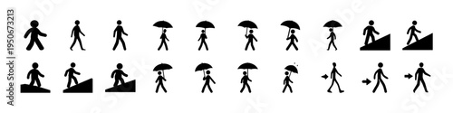 Stick Figure Sports and Activity Icon Set - Black stick figure silhouettes showing various sports, movement, and daily activities including walking, skiing, wheelchair use, and action poses.