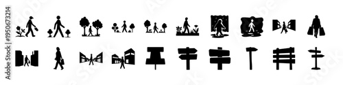 Black Silhouette Park Camping and Outdoor Icons - Collection of black silhouette icons showing camping, families, trees, park objects, animals and outdoor signs used for maps, recreation guides, and n