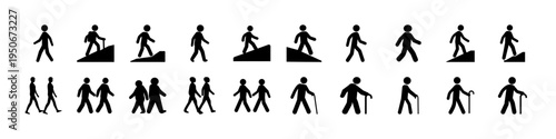 Stick Figure Activity and Sports Icon Set - Black stick figure icon collection showing sports, exercise, daily activities, and human movements, useful for signage, UI symbols, and instructional graphi