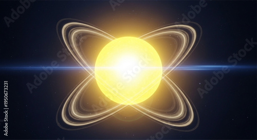Luminous Yellow Sphere with Orbiting Rings and Cosmic Dust Particles glowing light
