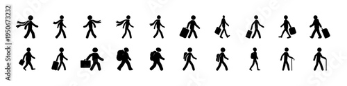 Stick Figure Human Activities Icon Set Collection - Black stick figure icon collection showing various human activities including walking, running, pushing carts, wheelchair use, and everyday actions 