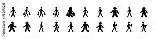 Black Stick Figure People Silhouette Icon Set - Collection of black stick figure silhouettes showing different human body shapes, poses, and movement styles, useful for signage, UI symbols, and design