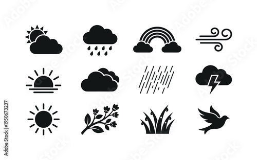 Cloud with soft rain icon, sunshine after storm symbol, windy cloud swirl icon, flower in sunlight icon, umbrella with raindrops