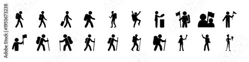 Black Stick Figure Activity Icon Collection Set - Set of black stick figure icons showing various human activities such as walking, sitting, working, exercising, and everyday actions for signage or de