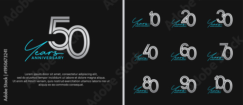 anniversary vector logo set, silver color with blue handwriting can be use for celebration