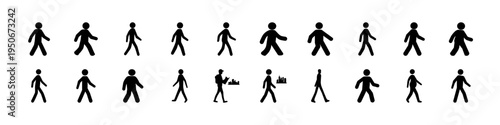 Stick Figure Walking Pose Icon Set Collection - Minimal black stick figure icons showing different walking poses and directions, useful for pedestrian signs, movement guides, interface design, and mot