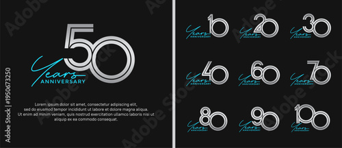 anniversary vector logo set, silver color with blue handwriting can be use for celebration