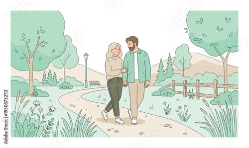 Man woman romantic walk in a peaceful morning scene, standing close mid-step and enjoying shared silence, minimalist flat vector