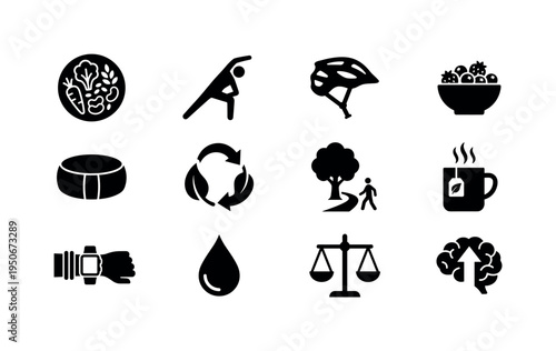 Meditation lotus pose, heart health symbol, leaf wellness sign, water glass hydration, apple healthy food, dumbbell weight,