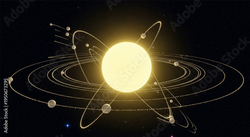 Luminous Yellow Sphere with Orbiting Rings and Cosmic Dust Particles glowing light