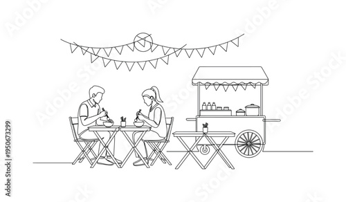 Couple enjoying a meal at a street food stall with festive bunting overhead