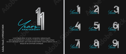 anniversary vector logo set, silver color with blue handwriting can be use for celebration