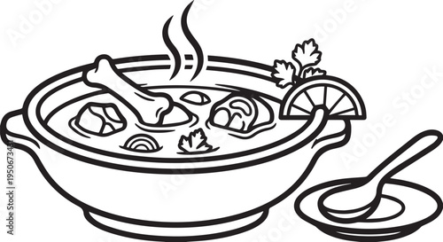 Black and white line art bowl of hot khash soup with steam rising isolated