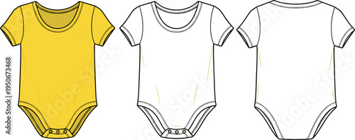 Baby Bodysuit Technical Sketch Flat Illustration, Short Sleeve Infant Onesie Vector Design Template