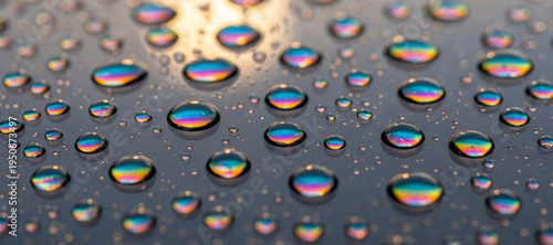 Close-up of iridescent water droplets on a reflective surface water drops condensation
