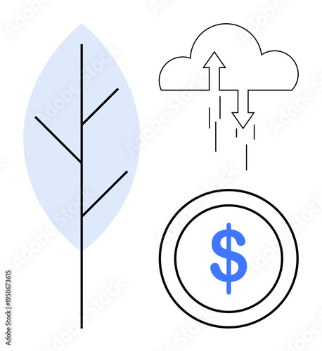 Sustainability concept. Sustainability with a leaf nature, a cloud technology, and a currency icon for economy. Sustainability for nature, business, finance, environment, technology platforms