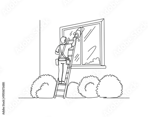 Window cleaner on ladder washing exterior glass with squeegee and cleaning solution