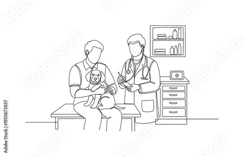 Veterinarian examining a puppy held by its owner in a clinic examination room