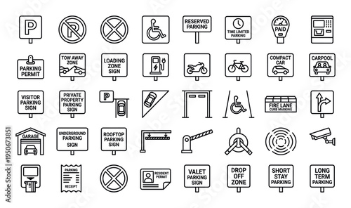 Collection of parking and traffic signs icons for urban planning and transportation