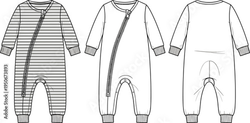 Baby Romper Technical Sketch Flat Illustration, Striped Infants Sleepsuit and Onesie Vector Design