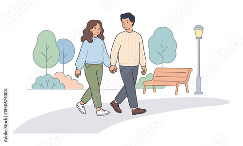 Couple strolling side by side in calm slow movement, minimalist flat vector illustration in clean line style, rounded forms and