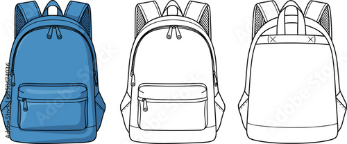 Blue Backpack Vector Illustration Set - Front and Back View Outline and Flat Design Mockup