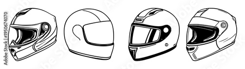 Motorcycle helmet set with racing team helmet vector illustrations featuring racing colors, team logos, sports gear with chrome protectors and aerodynamic design