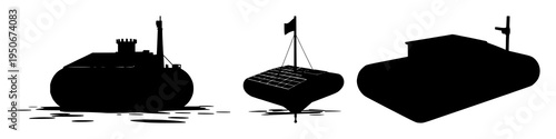 Solar-powered desalination buoy set with solid black silhouette featuring ocean technology, sharp edges, and a bold design with a white background