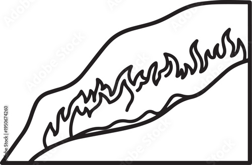 black and white line art of erupting mountain with flames isolated on white