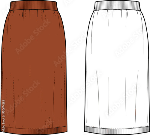 Brown and White Women's Midi Skirt Flat Technical Sketch, Pencil Skirt Fashion Design Illustration