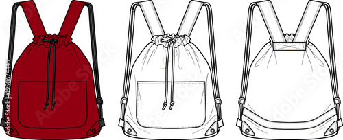 Drawstring Backpack Bag Technical Fashion Flat Sketch Illustration, Cinch Sack Template