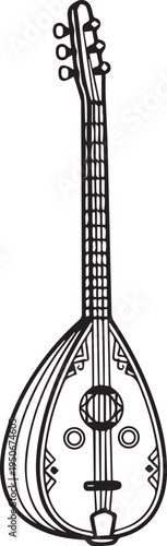 black and white line art of traditional azerbaijani saz musical instrument isolated