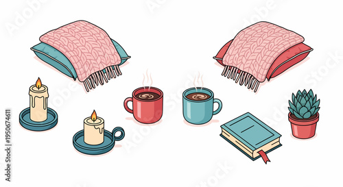 Cozy Blankets Candles Coffee Cups and Books.