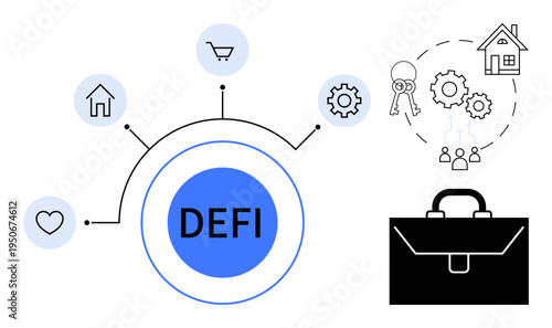 Blockchain technology, decentralized finance, investment, fintech, smart contracts, peer-to-peer lending. DEFI central concept with icons for finance, shopping and networking. Blockchain