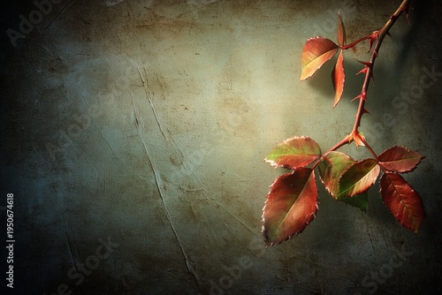 A single branch with reddish leaves extends from the right against a textured, dark teal background. The image has a vintage and moody aesthetic with soft lighting on the foliage.