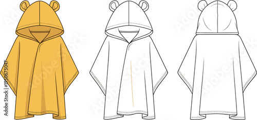 Kids Hooded Poncho Towel with Bear Ears Fashion Technical Drawing Flat Sketch Illustration