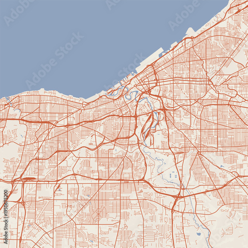 Cleveland City Map Sophisticated Geometric Urban Topography Featuring Meticulous Linework and Balanced Composition in a Timeless Minimalist Terracotta Earth Blueprint Aesthetic for Office Decor.