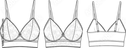 Lace Bralette Technical Sketch, Women's Floral Lingerie Bra Fashion Flat Vector Illustration Set