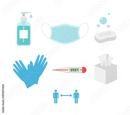 Items and concepts for virus protection, showing hygiene, health, and social distancing guidelines to prevent spread