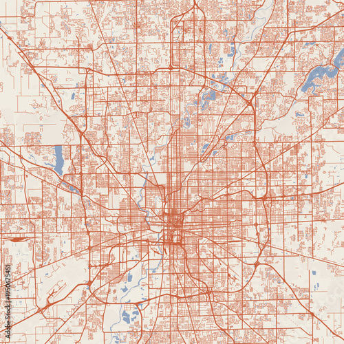 Indianapolis City Map Sophisticated Geometric Urban Topography Featuring Meticulous Linework and Balanced Composition in a Timeless Minimalist Terracotta Earth Blueprint Aesthetic for Studio Decor.